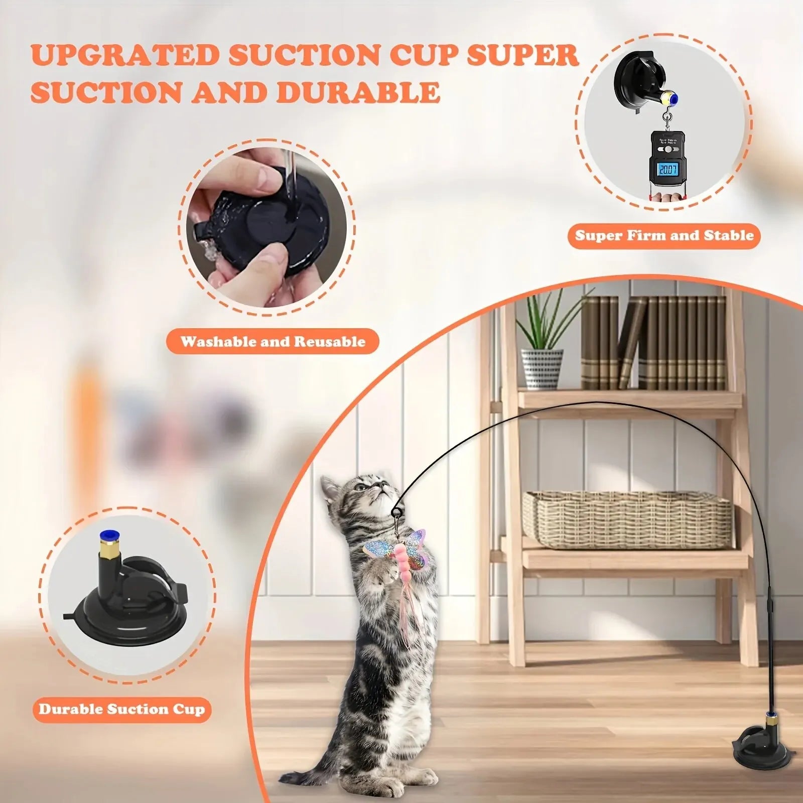 Cat Teaser Toy - Interactive Bell & Feather Wand - Long Suction Cup Pole for Exciting Playtime Adventures - Ultimate Cat Toy.