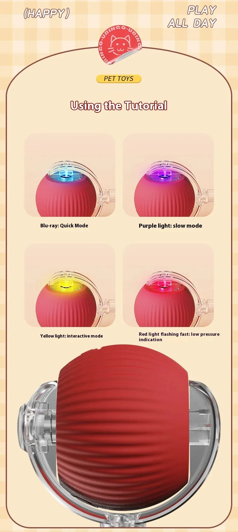 Cat Interactive Ball Toy Automatic Rolling Ball Faux Tail Rechargeable Smart Pet Electric Toy Dog Cat Training Imitate Mouse.