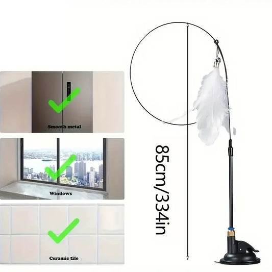 Cat Teaser Toy - Interactive Bell & Feather Wand - Long Suction Cup Pole for Exciting Playtime Adventures - Ultimate Cat Toy.