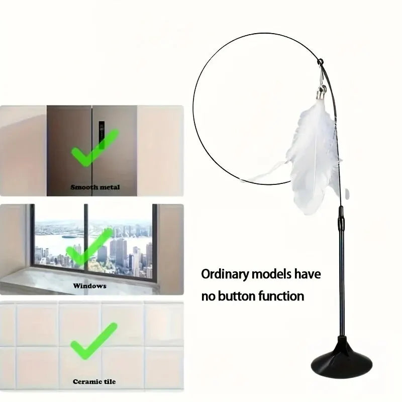 Cat Teaser Toy - Interactive Bell & Feather Wand - Long Suction Cup Pole for Exciting Playtime Adventures - Ultimate Cat Toy.