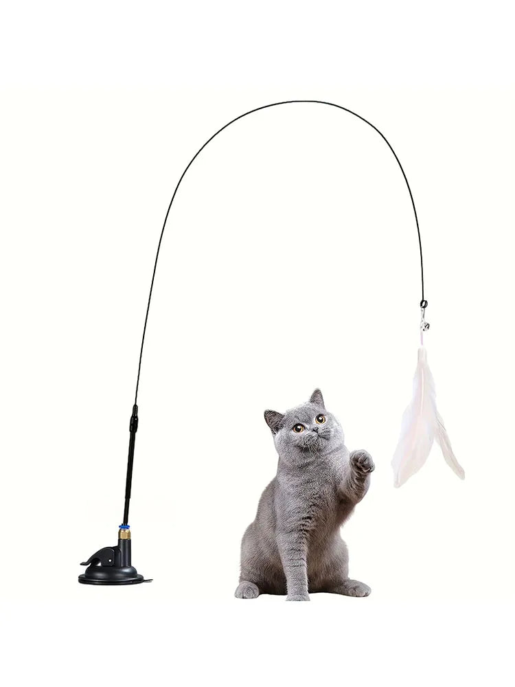 Cat Teaser Toy - Interactive Bell & Feather Wand - Long Suction Cup Pole for Exciting Playtime Adventures - Ultimate Cat Toy.
