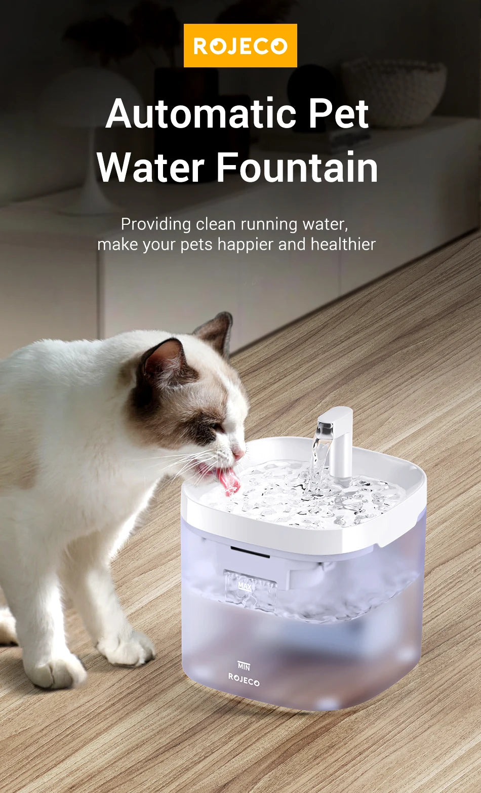ROJECO Smart Cat Water Fountain Automatic Pet Water Dispenser For Cats Dog Drinking Purifier Fountain with Recirculate Filters.