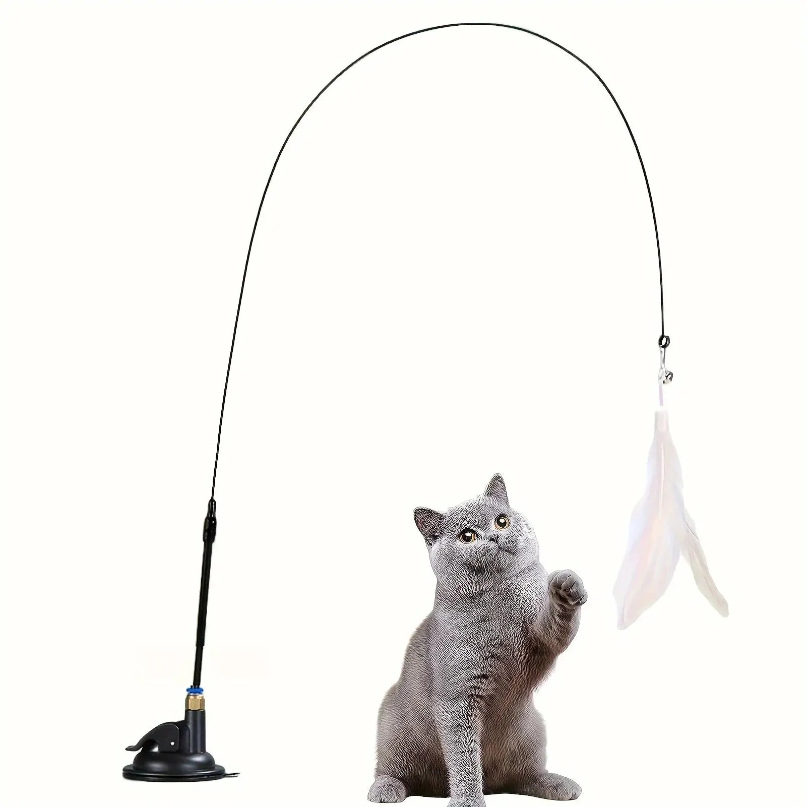 Cat Teaser Toy - Interactive Bell & Feather Wand - Long Suction Cup Pole for Exciting Playtime Adventures - Ultimate Cat Toy.