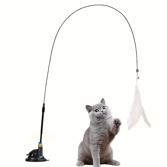 Cat Teaser Toy - Interactive Bell & Feather Wand - Long Suction Cup Pole for Exciting Playtime Adventures - Ultimate Cat Toy.
